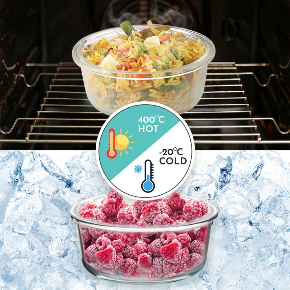 Magnus Vivid Solid Glass Lunch Box - Round Microwave Safe Borosilicate Container | 400 ml x 3 & Bag