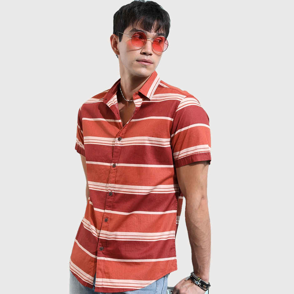 Ketch Men Horizontal Striped Spread Collar Cotton Slim Fit Casual Shirt | Brown | XL