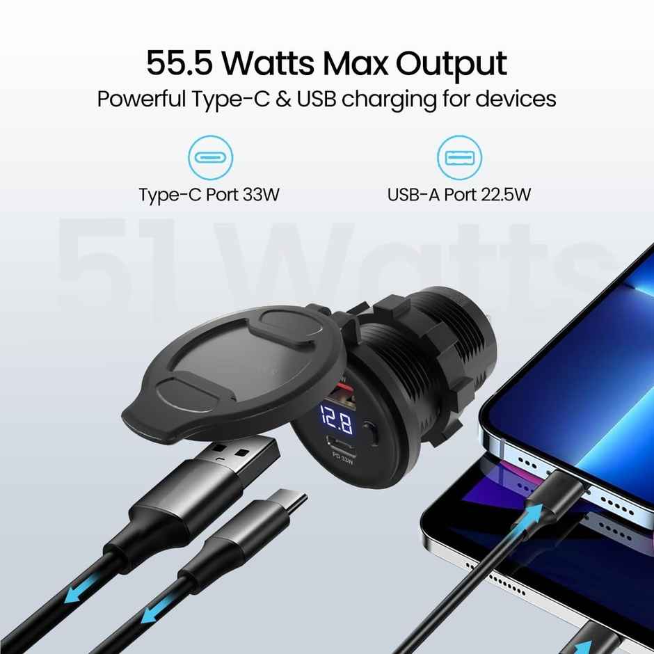 Portronics Spark 51W Two-Wheeler Charger | 33W Type-C Power Delivery, 18W USB Fast Charging, Dual Output