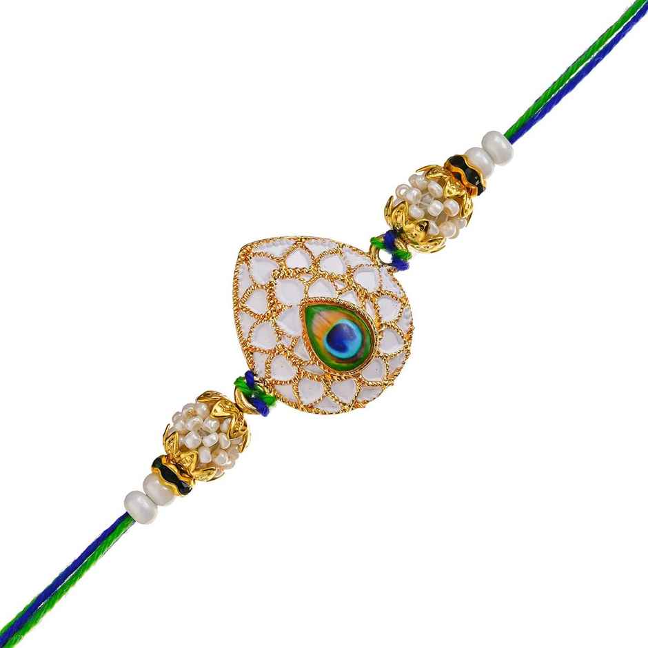 Peacock Feather Pearls Designer Rakhi for Brother, Bhai, and Bhaiya with Roli Chawal Pack (eCraftIndia)