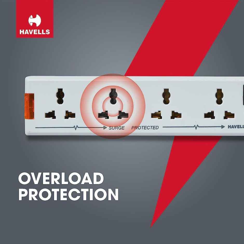 Havells 4 Way Extension Board With Surge & Spike Protection|For Power Requirements Up To 1440W |1.5 Mtr ISI Certified Copper Wire| LED Indicator | Rating -6A, 240V | Home & Office Use, 10 Volts - White