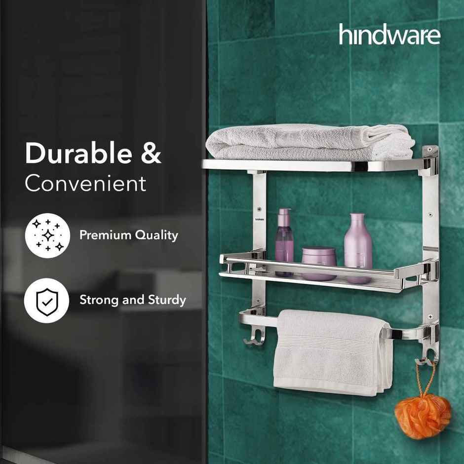 Hindware Multi-Purpose Shelf with Foldable Towel Rack | Stainless Steel Construction | 3 Layered