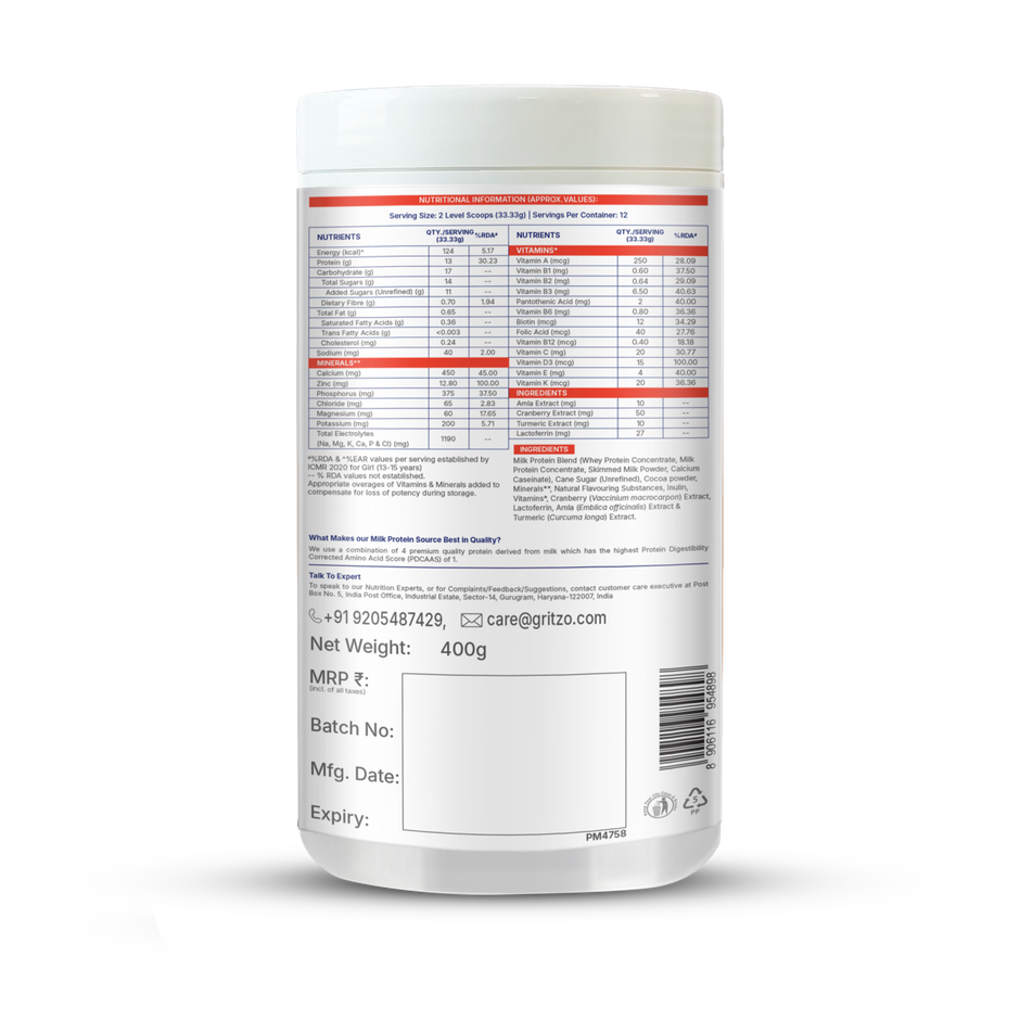 Gritzo Supermilk Growth+ (Formerly Height+) (13+ Yrs Girls) | Double Chocolate, 12 Scoops