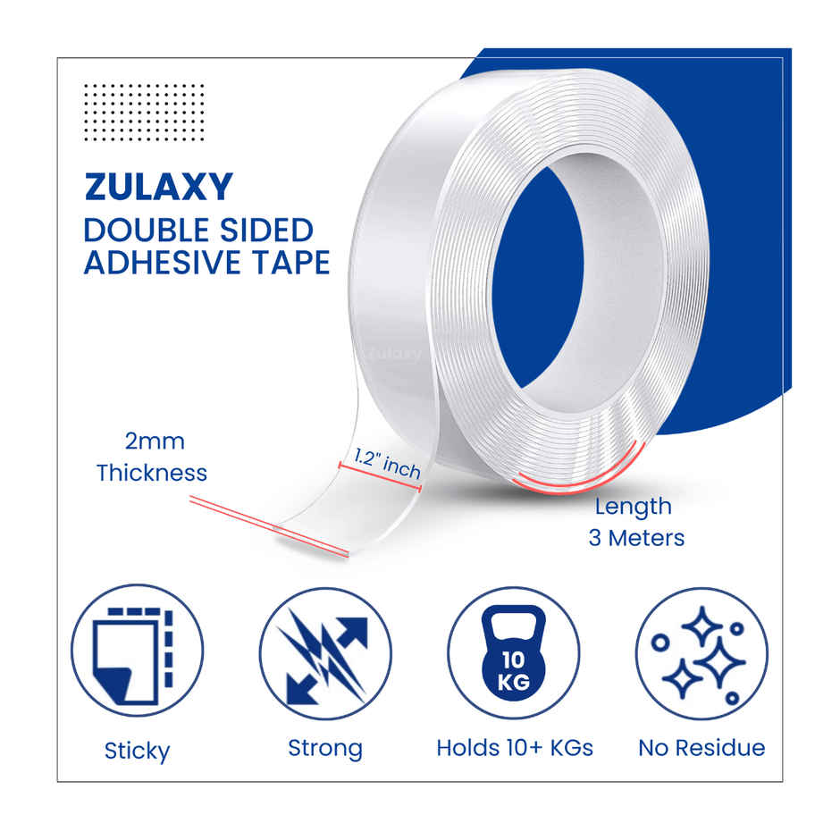 Zulaxy Transparent Double Sided Tape - Strong Adhesive for Multiple Surfaces | 3 m