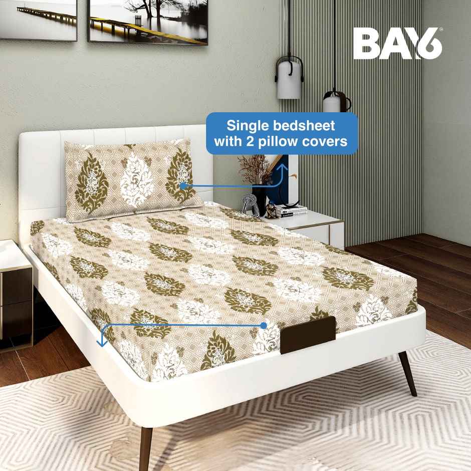 BAY6 110 GSM Microfibre Single Bedsheet with 1 Pillow Cover | 150 x 220 cm - White and Beige