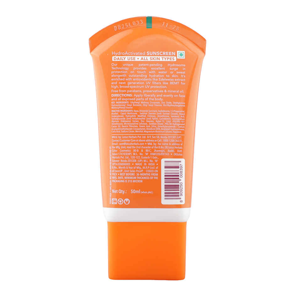 Lotus Herbals Safe Sun HydroActivated Sunscreen SPF 50+ PA+++ | IN-VIVO Tested | No White Cast