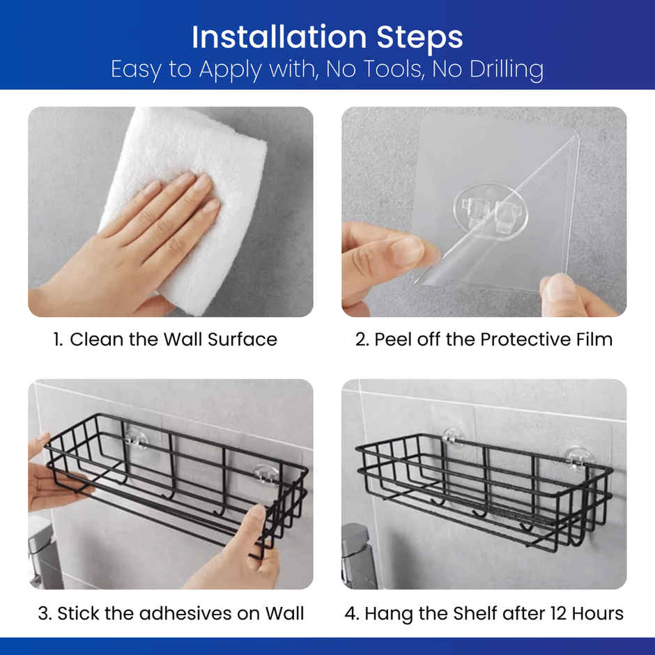 Zulaxy Self Adhesive Rectangular Wall Shelf for Bathroom and Kitchen (Metal, Black)