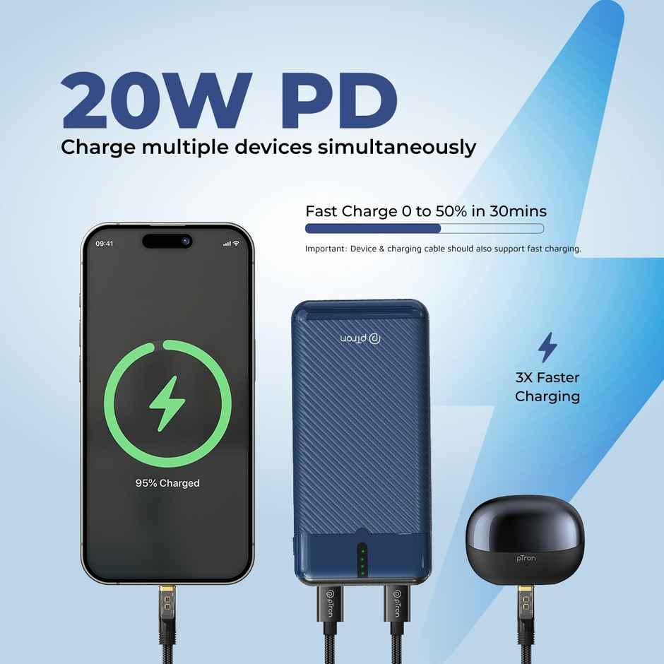 pTron Dynamo Surge 20000 mAh 22.5W Power Bank | 20W Type C/Pd Fast Charging | 3 Outputs/1 Input - Blue