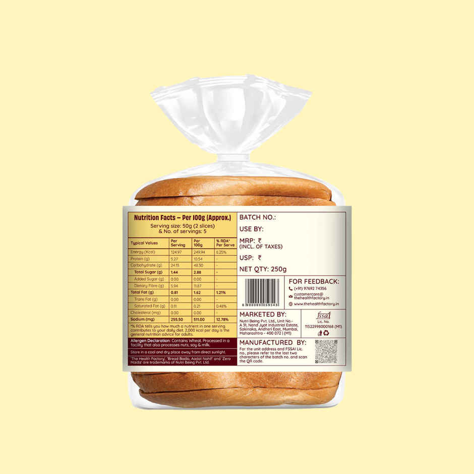 The Health Factory Super Fibre Bread | Zero Maida | Source of Fibre | No Added Sugar | Whole Wheat Bread