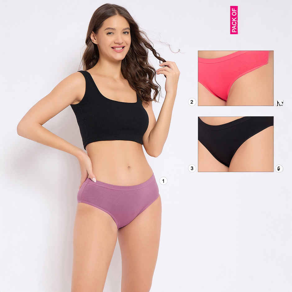 Clovia Women's Cotton Spandex Medium Waist Inner Elastic Hipster Panty - Pink, Purple, Black | M
