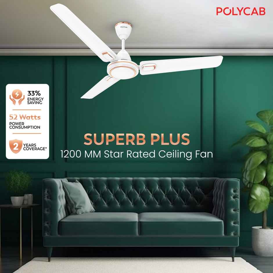 Polycab Superb Plus Ceiling Fan, 1200mm, Star Rated, Saves Up To 33% Electricity, Snow White