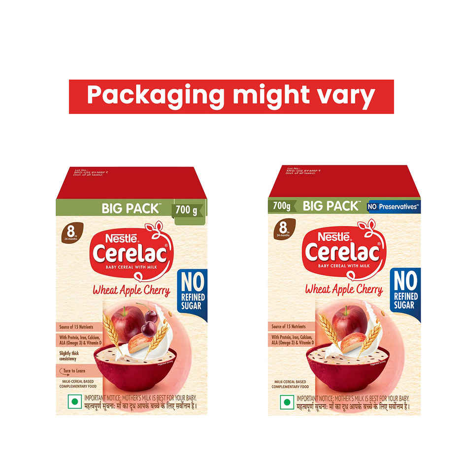 Nestle Cerelac Wheat Apple Cherry Baby Food Cereal,No Refined Sugar, No Preservatives,8 - 24 Months