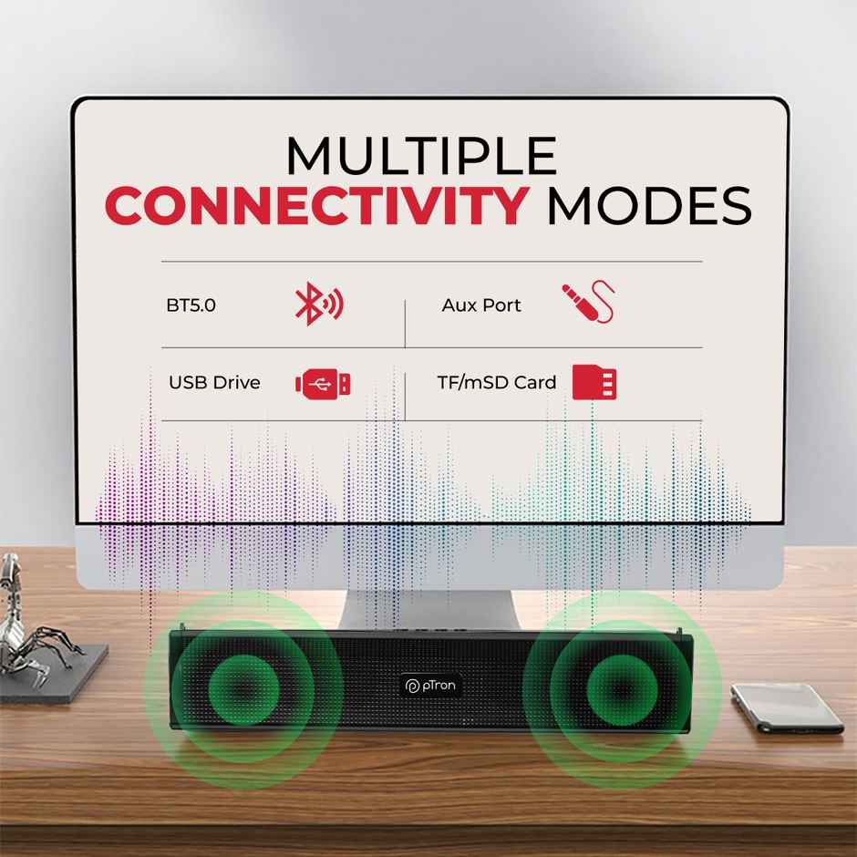 pTron Fusion Wave 16W Mini Bluetooth Soundbar w/ 19 Hrs Playback, Mini Wireless Soundbar for Phone/TV/Laptop/Tablets/Projectors, BT5.0/Aux/TF Card/USB Drive Playback & TWS Function - Black