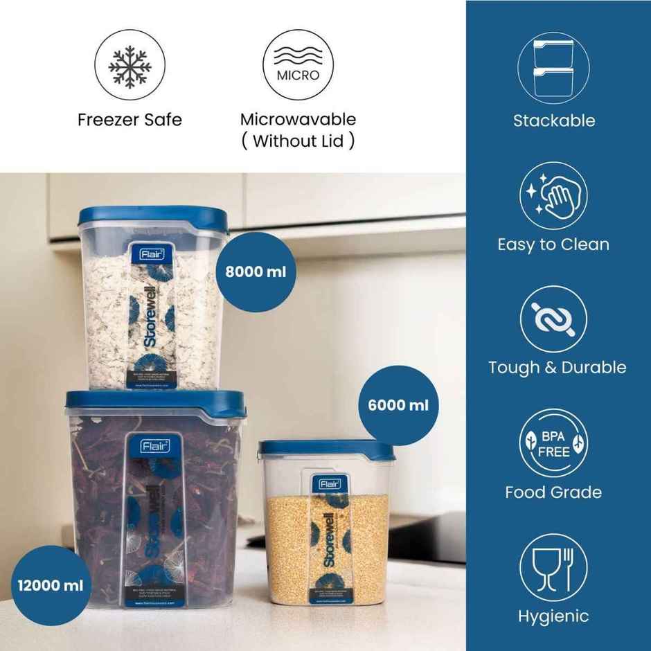 FLAIR Plastic Storewell Square Food Storage Containers Set | Blue - 6 L, 8 L & 12 L