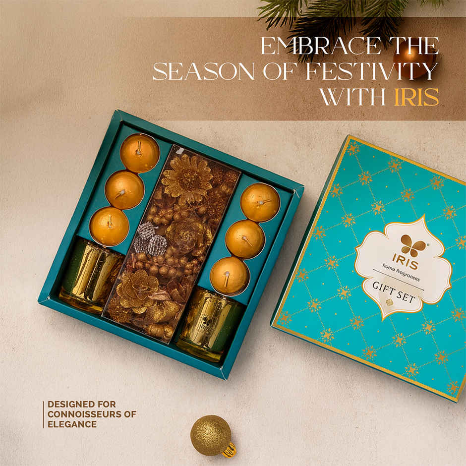 Candles and Potpourri Decor Gift Box - Gold Musk Fragrance | Diwali Gift Hamper | Iris