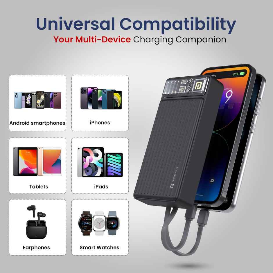 Portronics Luxcell Bind 20000mAh Wired Powerbank with 22.5W Fast Charging, in-Built Type C PD(Input & Output) /8 Pin Cable, LED Indicator, USB-A Mach Output, Compatible with Smartphones,Tablets - Black