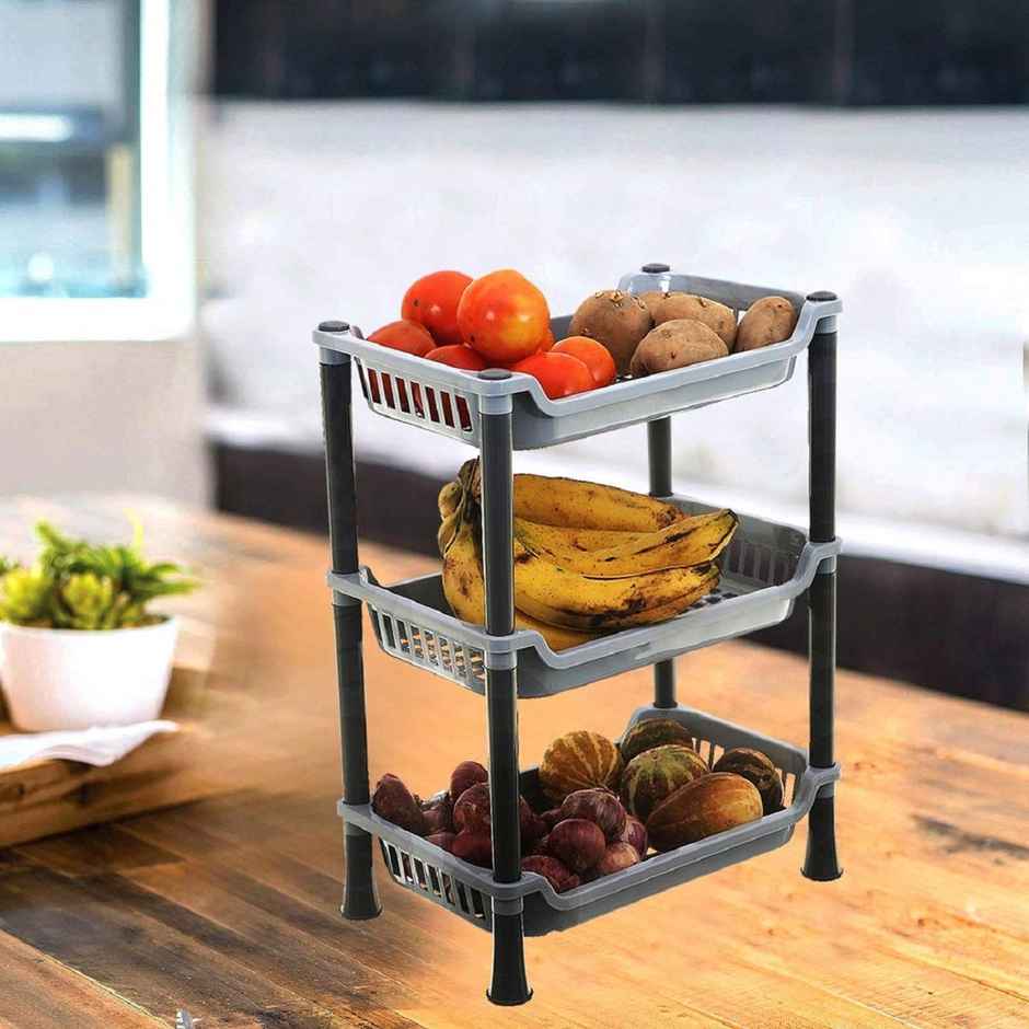 Kuber Industries Plastic 3-Layer Kitchen Rack | Multifunctional Bathroom Rack | Grey
