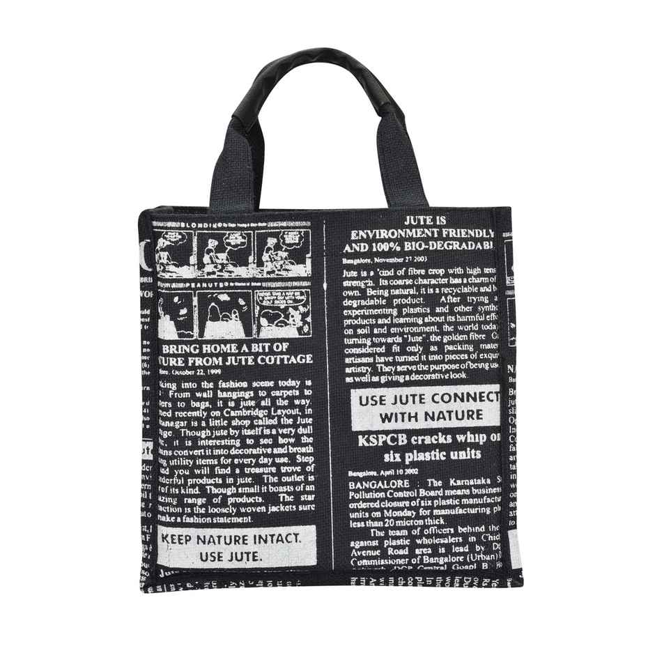 Jute Cottage Carry Bag - Small Lunch Bag | Eco-friendly | Stylish | Global | | Black | 10 x 10 x 6