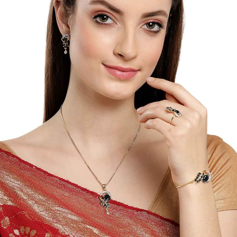 Zeneme Gold-Plated Black Cubic Zirconia Studded Handcrafted Jewellery Set For Girls and Women