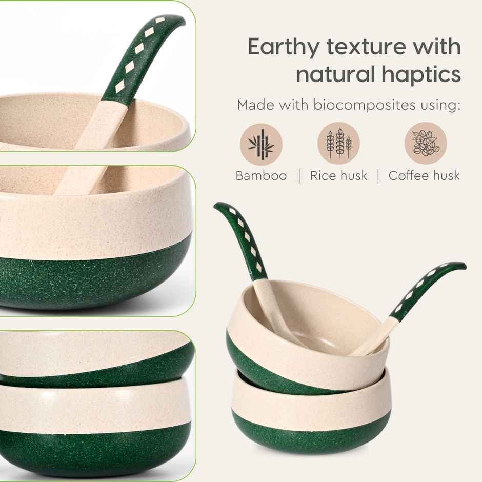 Eha Earth Friendly Small Soup Bowls & Spoons | 250 ml, 2 pcs, Fern | Rice Husk Biocomposite