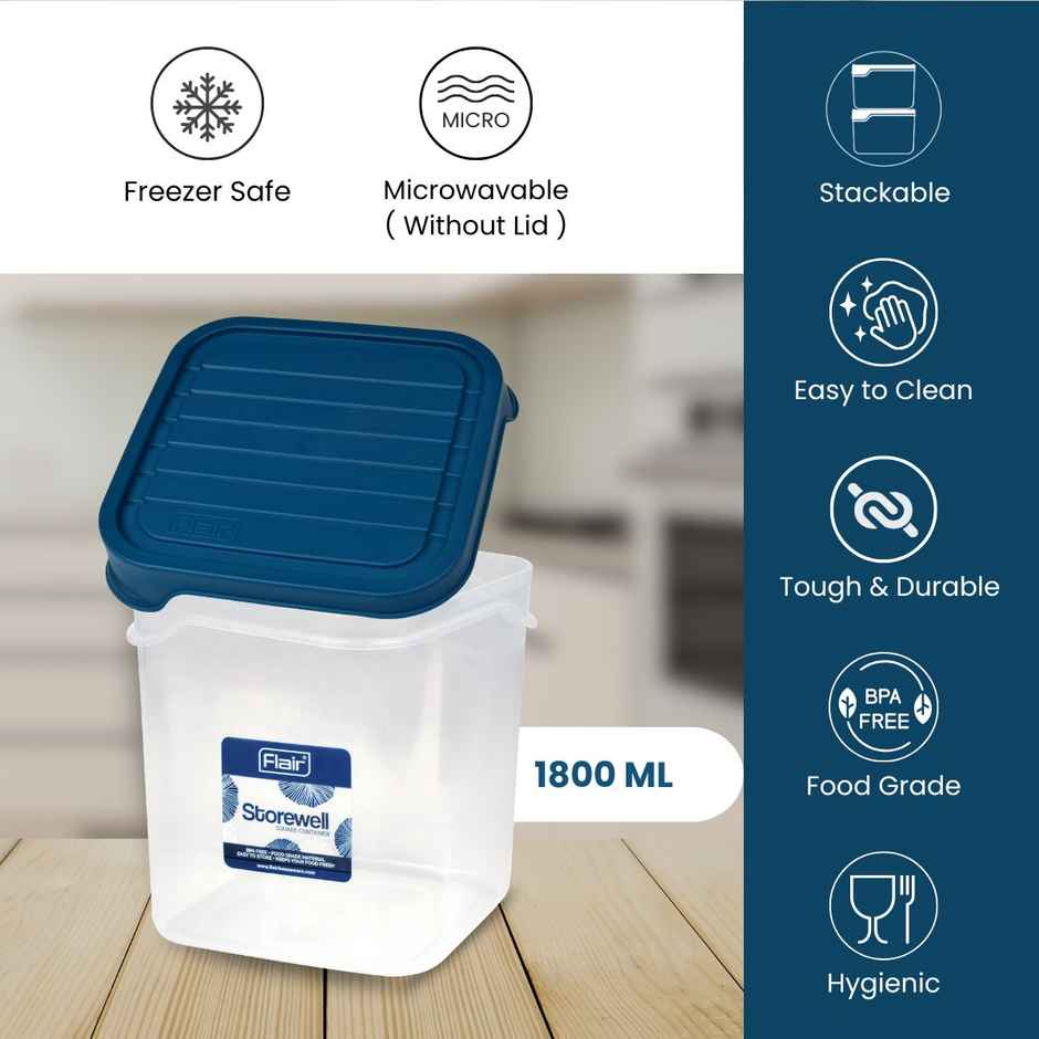 Flair Plastic Storewell Square Food Storage Containers 1800Ml - Set Of 2 (Blue)