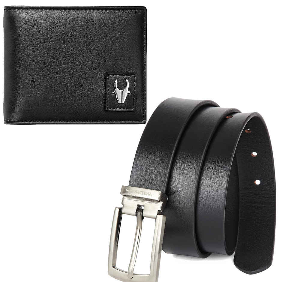 Wildhorn Men's Solid Genuine Leather Wallet and Belt Combo | Black - Free Size