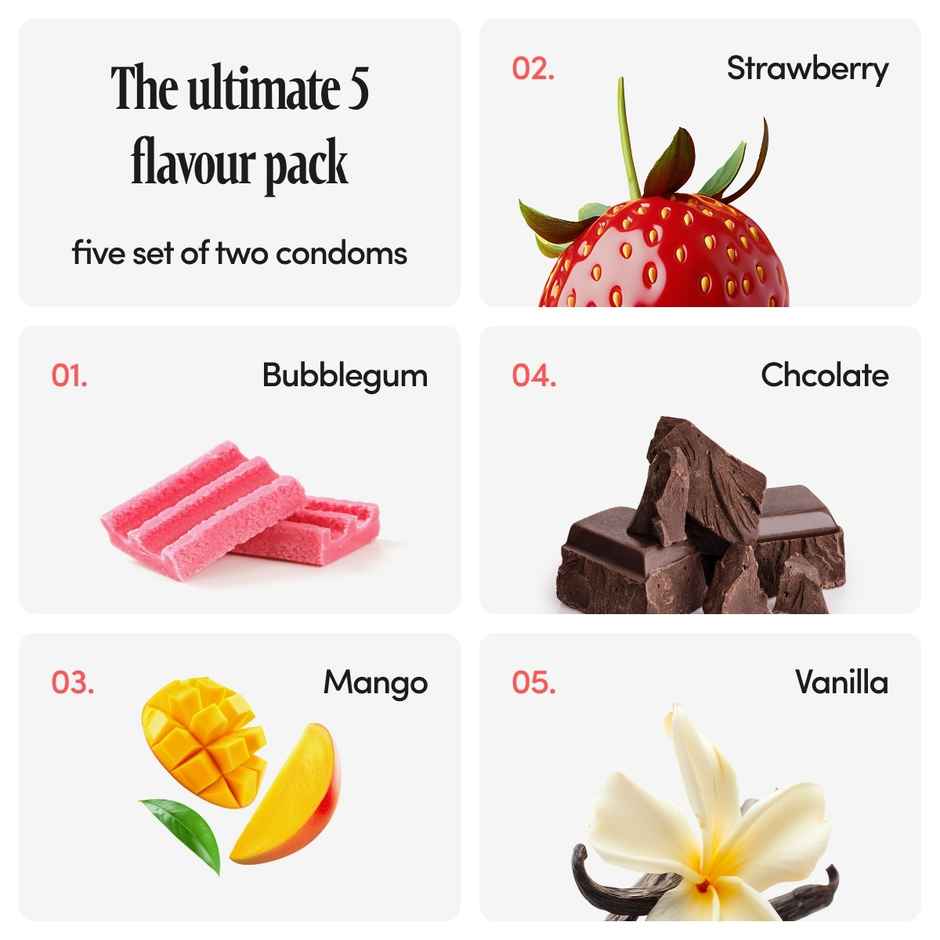 Bold Care Extend Delay Spray With Lidocaine 10% (20g) & Bold Care 404 By All-In-One Flavours Pack Condoms - Chocolate, Strawberry, Mango, Vanilla, & Bubblegum (10pc) Combo