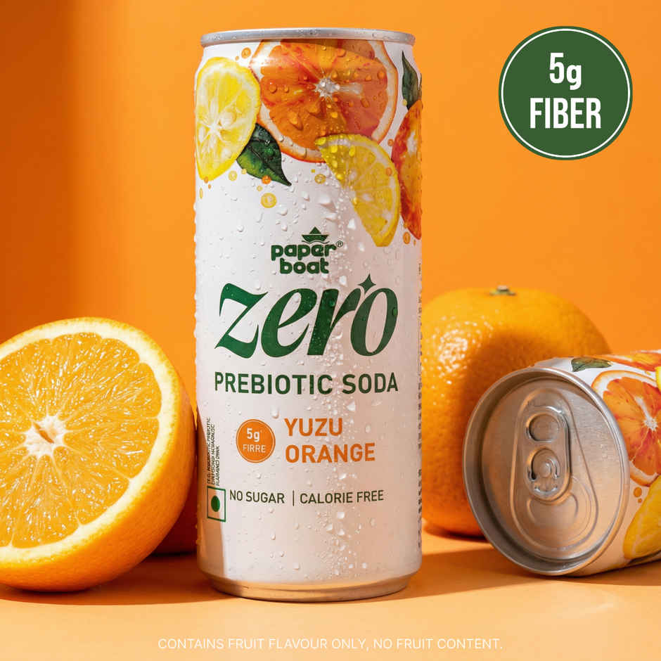 Paper Boat Zero Prebiotic Soda Yuzu Orange, 5g Fibre, Caffeinated Sugar Free Cold Drink
