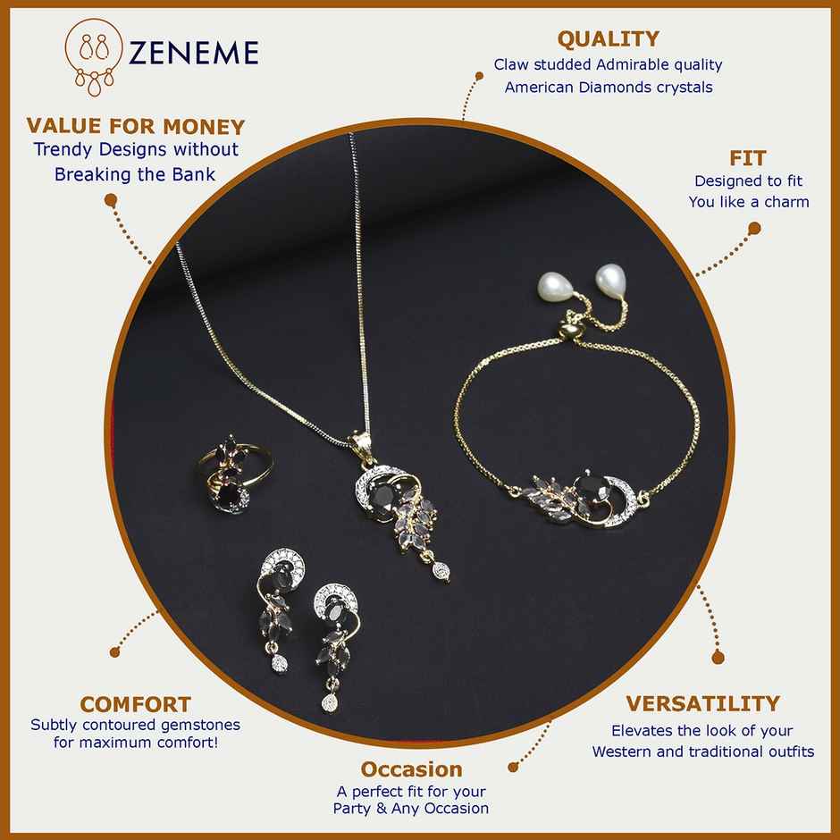 Zeneme Gold-Plated Black Cubic Zirconia Studded Handcrafted Jewellery Set For Girls and Women