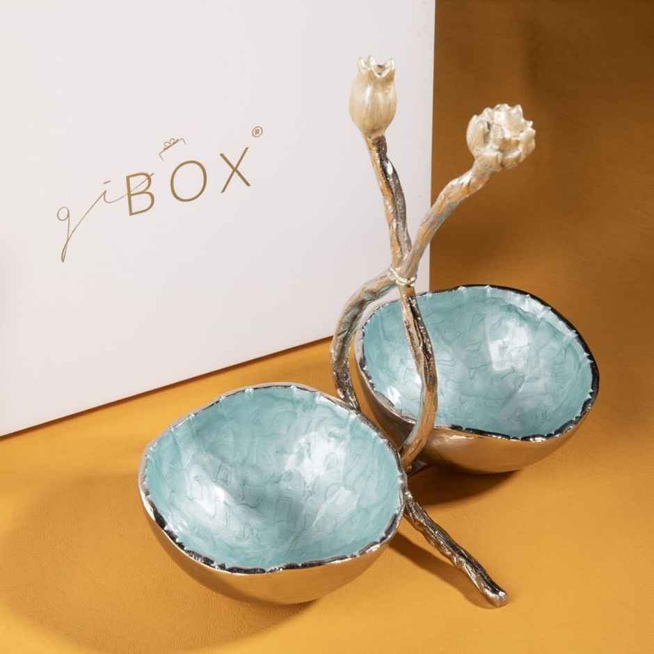 Lotus Design Blue Gold Plated Metal Dry Fruit Serving Tray | Gibox