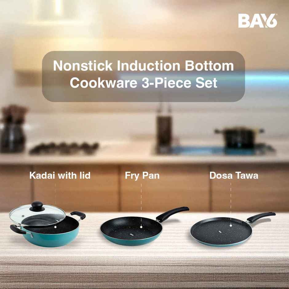 BAY6 Induction Bottom Nonstick Cookware Set (28 cm Tawa + 24 cm Fry Pan + 22 cm Kadai) - Teal - (3pc)