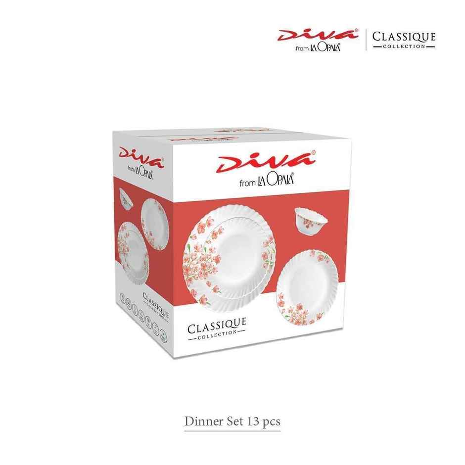 La Opala Diva Classique Dinner Set | Opal Glass Crockery for Dining | 13 Pcs - Aster Pink