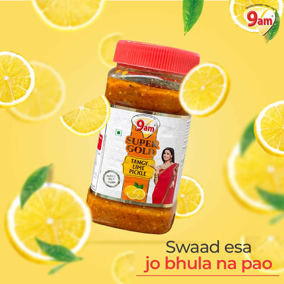 9am Super Gold Lime Pickle, Tangy Nibmu, Perfect for Meals With Pratha