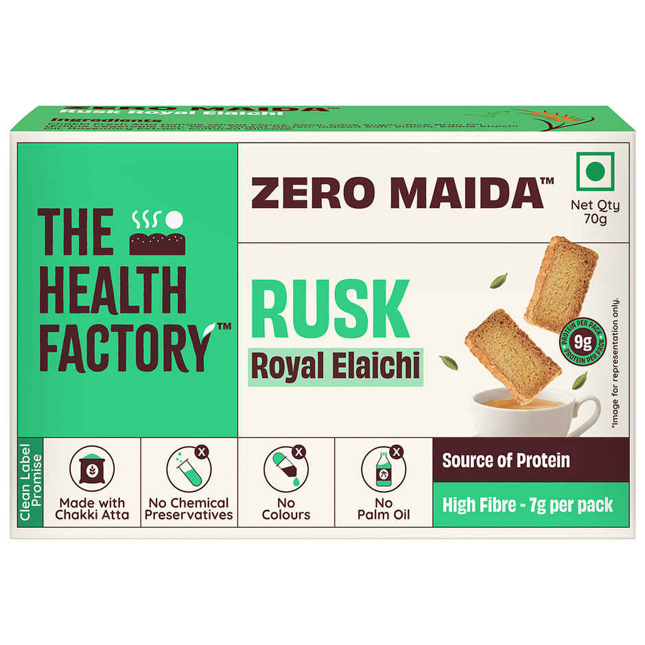 The Health Factory Elaichi Rusk | Zero Maida | Source of Protein & Fibre | Wheat Rusk Toast | Tea Time Snack