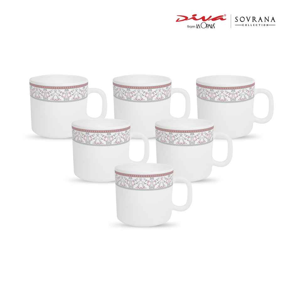 La Opala Diva Sovrana Coffee Mug 190 ml Set of 6 Moroccan Pink Opal Glass Mugs for Coffee, White