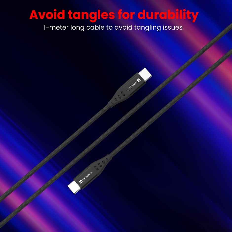 Portronics Konnect C1 20W PD Type C to Type C Unbreakable Data & Charging Cable, Nylon Braided with Metal Heads, 1M Length - Black