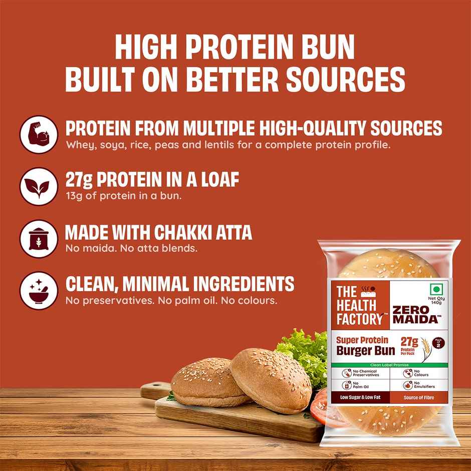 The Health Factory Super Protein Burger Bun | Zero Maida | 27g High Protein | Whole Wheat Bun