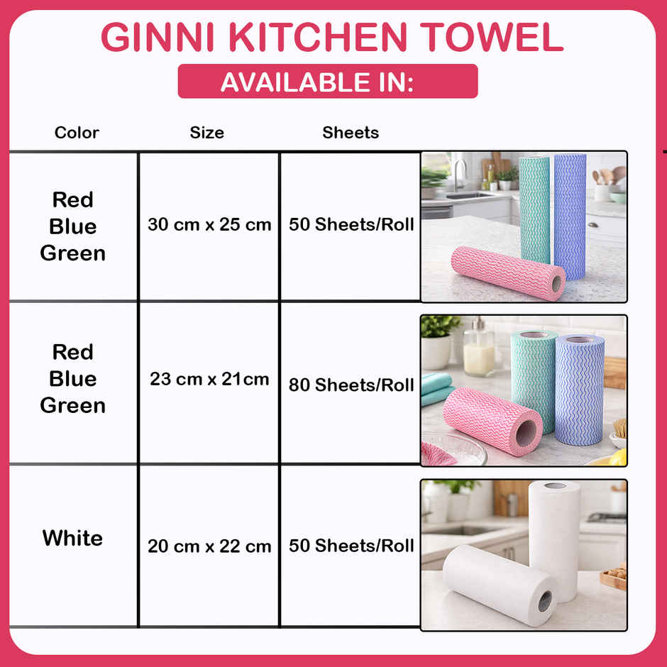 GINNI Superwipe Kitchen Towel Roll | 50 Pulls | 20 x 22 cm