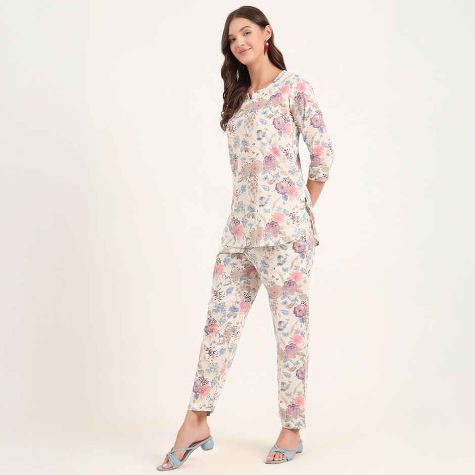 Divena Women's Cotton Floral Printed Night Suits | DK0292 | Cream - M