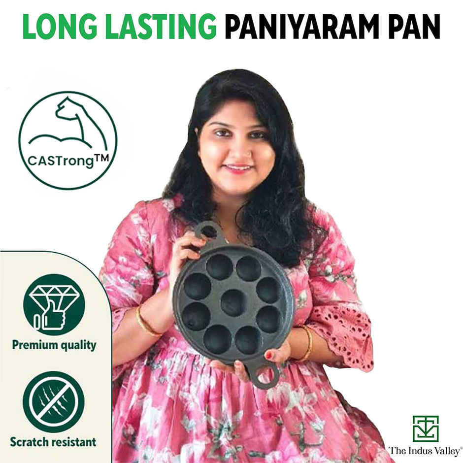 The Indus Valley Super Smooth Cast Iron Paniyaram Pan with Glass Lid | 9 Pit, 20.8cm/8.2inch, 2.7kg