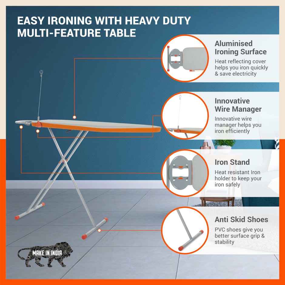 Bathla Foldable Ironing Board/Stand | Iron Holder, Wire Manager | X-Pres Ace Prime | Silver & Grey