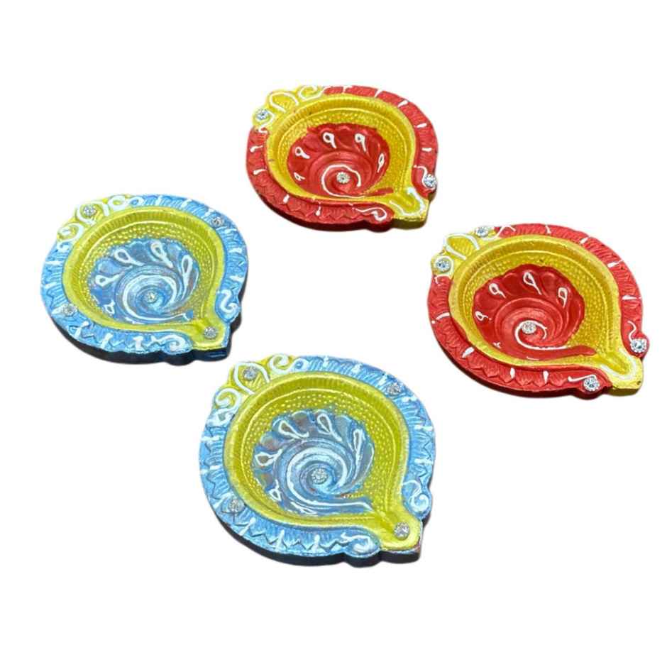 Multicolor Floral Diya | Pack OF 4 | Designer Clay Diya | DiaCraft