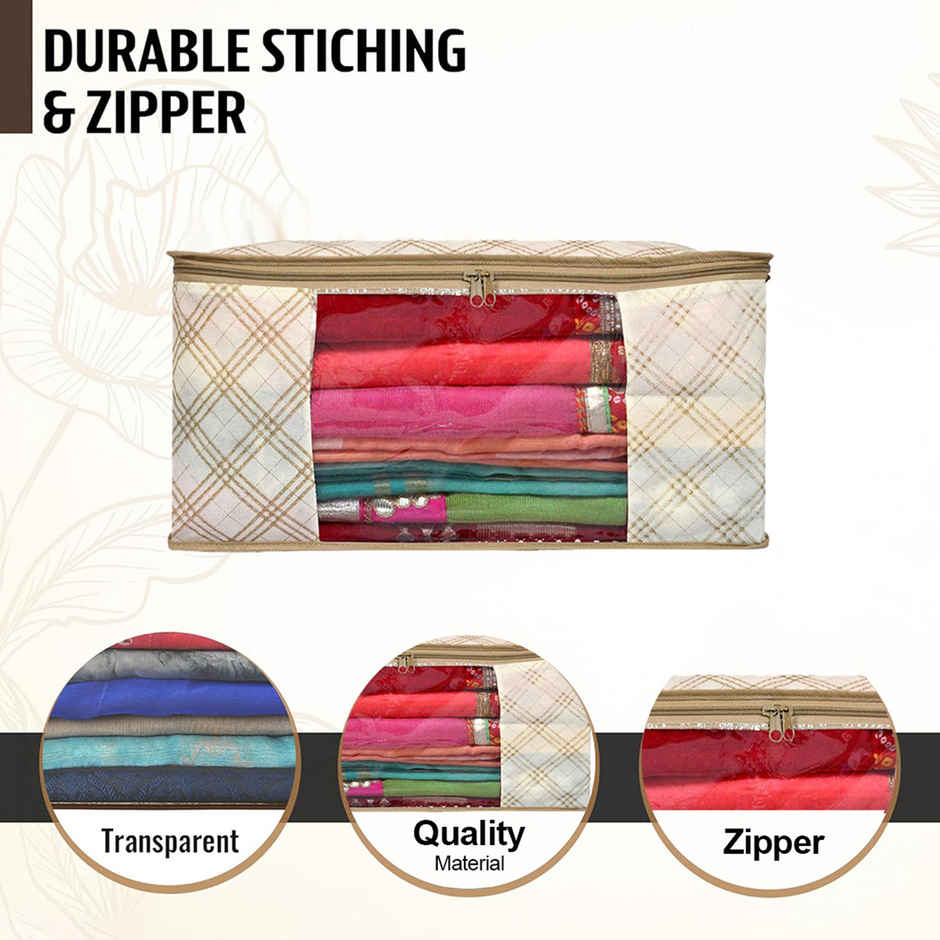 Kuber Industries Pack of 3 Non-Woven Saree Covers with Zip | Organizer for Saree & Lehenga | Cream