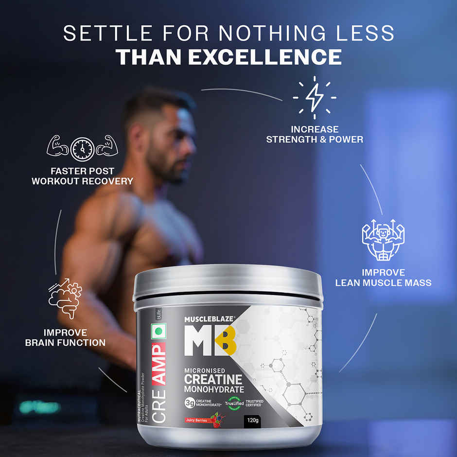 MuscleBlaze Micronised Creatine Monohydrate CreAMP Powder Juicy Berries | 30 Servings