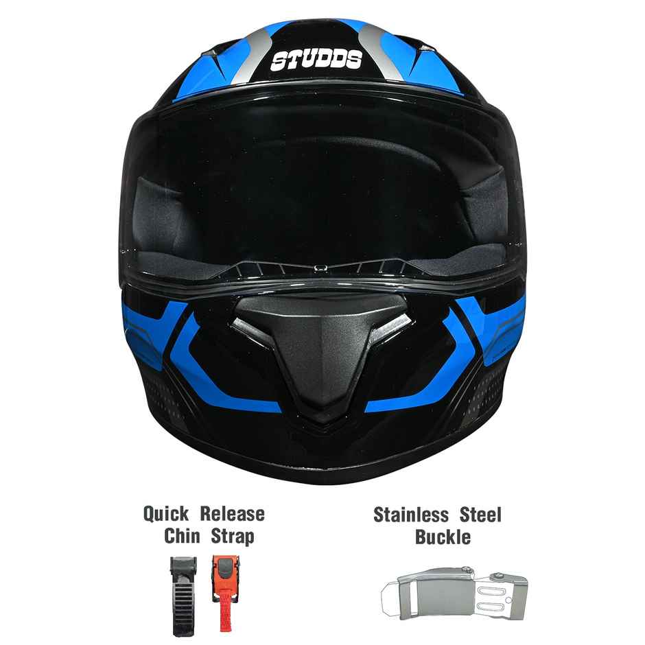 Studds Thunder Draken Full Face Helmet with Spoiler |Black Blue - L