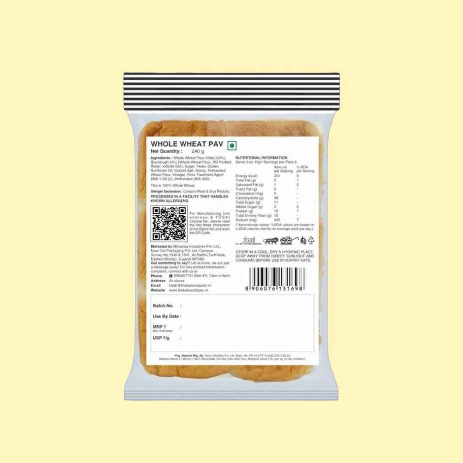 The Baker's Dozen Zero Maida Pav Whole Wheat | Atta Bombay Pav | Gut Friendly | Clean Label