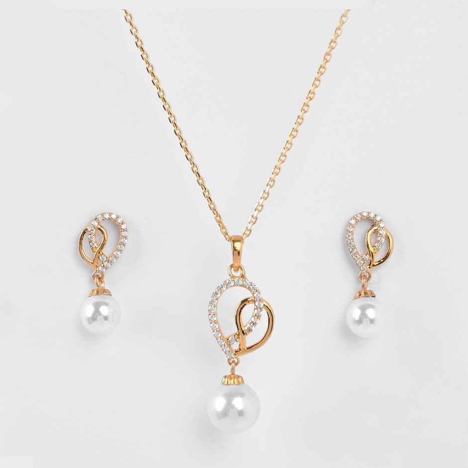 Clara 925 Sterling Silver Zahab Pearl Interlocked Pendant Earrings Chain Necklace Jewellery Set