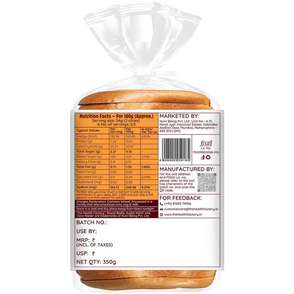 The Health Factory Whole Wheat Bread | Zero Maida | Source of Protein & Fibre