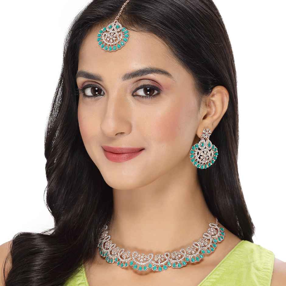 Sukkhi Stunning Gold Plated Green Stone Studded Choker Necklace Set