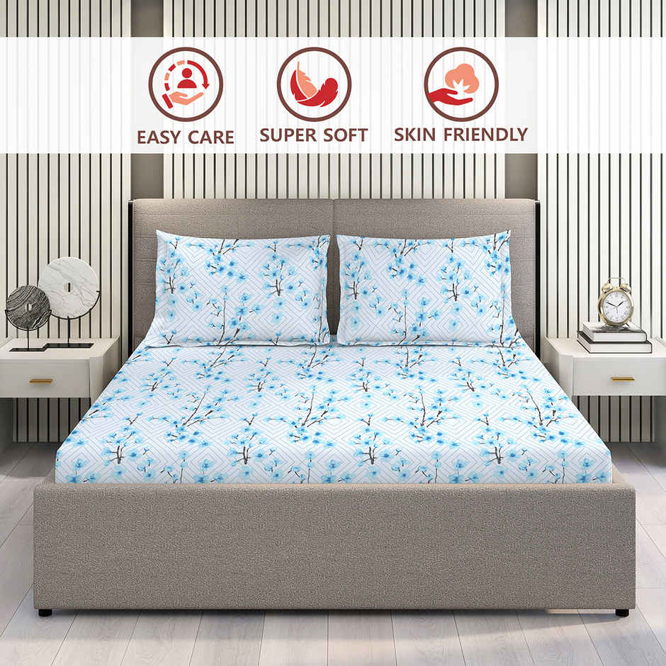 Layers Lumina Floret 100% Cotton 144 TC Blue King Bedsheet with 2 Pillow Covers